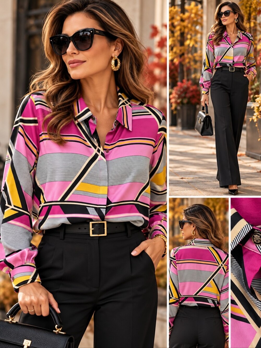 Karl Lagerfeld Paris Large Pink Geometric Stripe Button Down Blouse $89 MSRP NWT